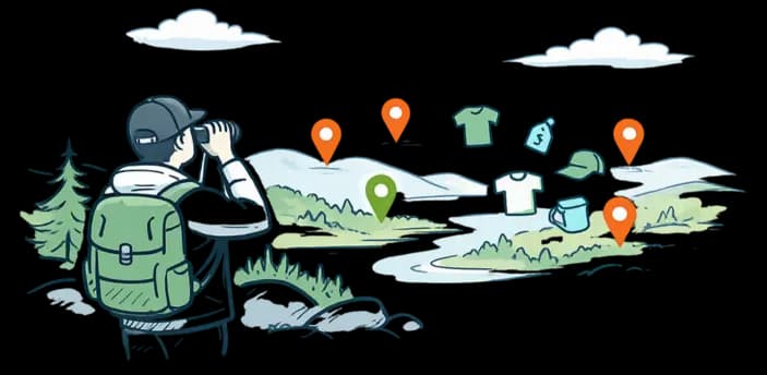 Illustration of person at scenic lookout representing place-based merch